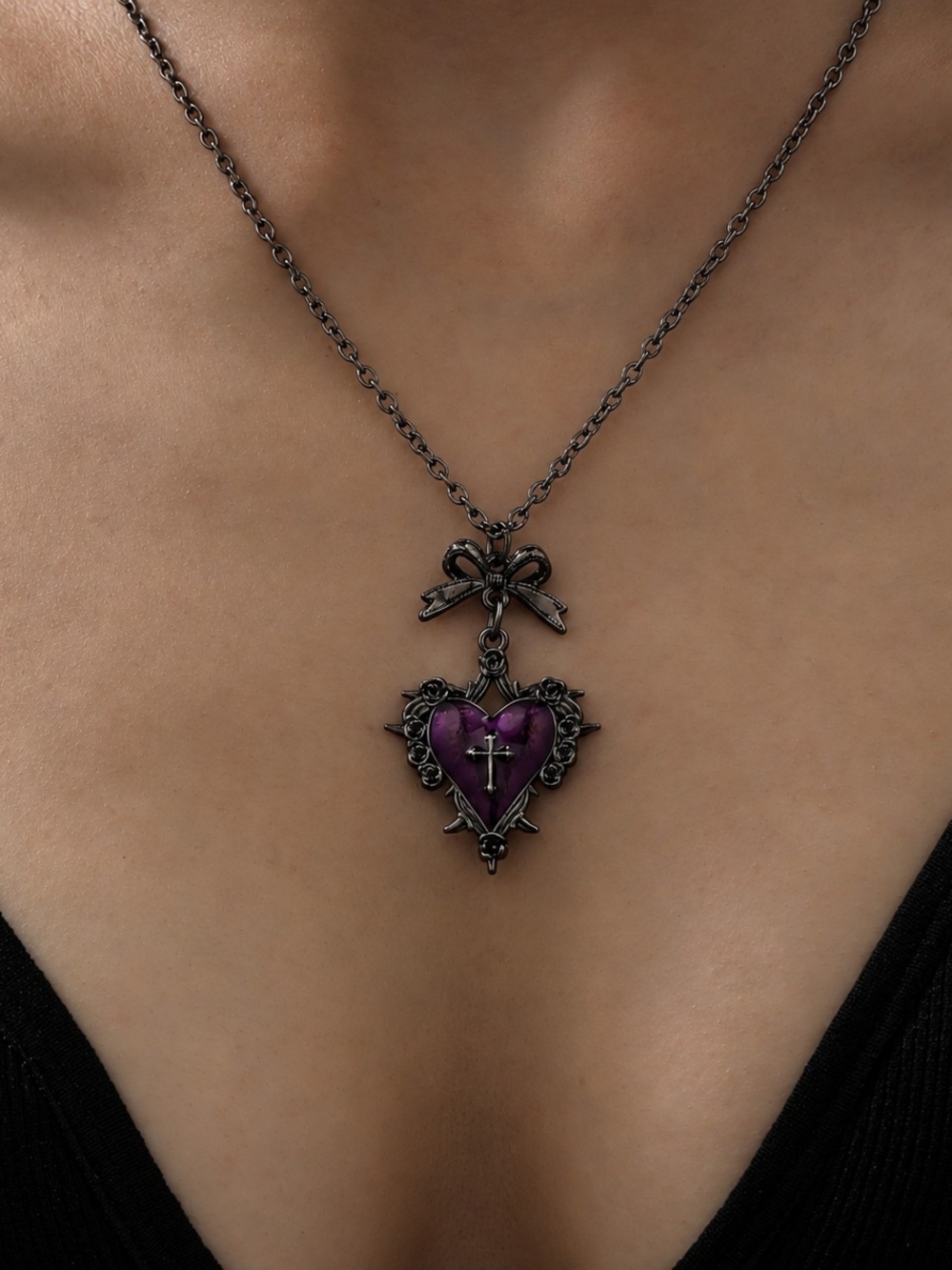 Purple Heart Pendant Necklace with Cross Charm